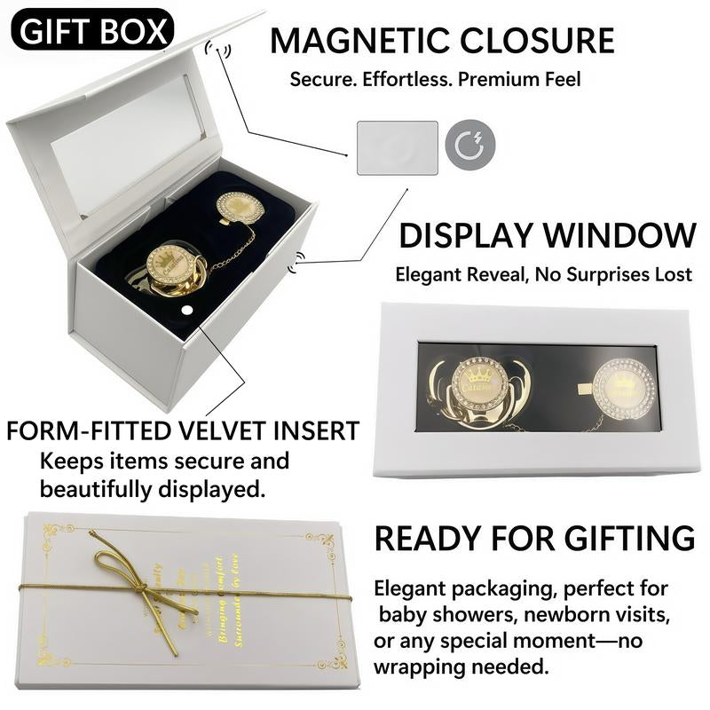 MIYOCAR Custom Gold Bling Baby Pacifier with Personalized Clip for Newborns and Babies Customized Baby Bling Binky &Clip Set Bling Pacifier