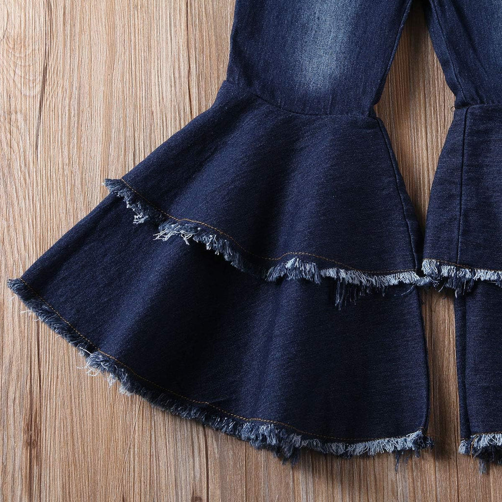 Toddler Kids Girls Bell Bottom Jeans Ruffle Flare Raw Hem Denim Pant Trousers High Waisted Wide Leg Pants Leggings